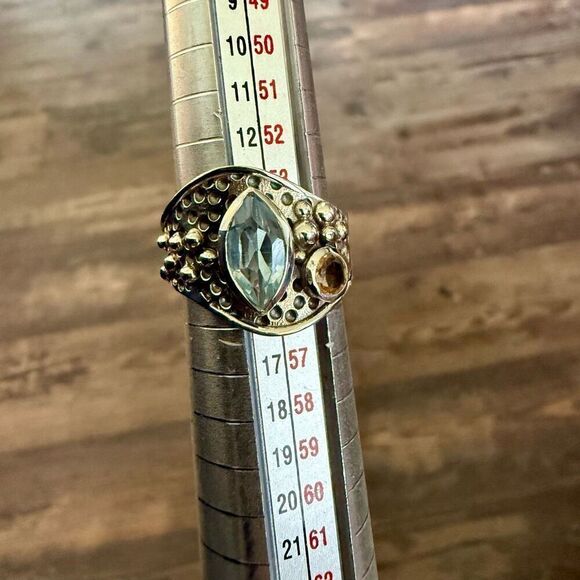 Natural Blue Topaz And Citrine Sterling Silver Ring Marquise Cut Bali Framed 7 - Picture 2 of 7